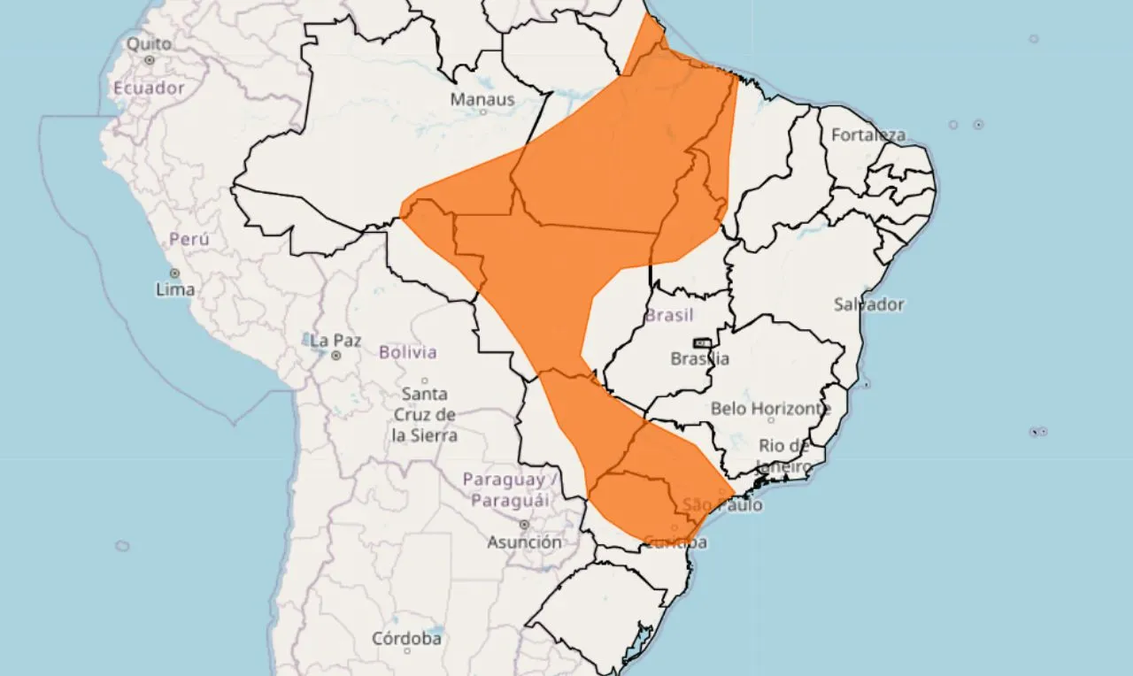 A imagem mostra as áreas em alerta laranja para este fim de semana 